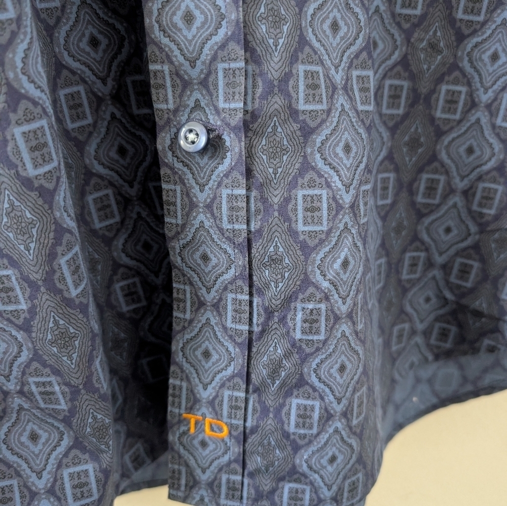 Thomas Dean Flip Cuff Dress Shirt Medium Blue Cotton Paisley Long Sleeve - Picture 5 of 7